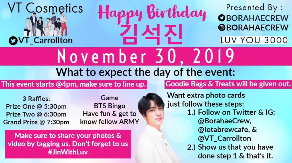 BorahaeCrew's tweet photo. Less than 2 weeks for our #JinWithLuv event! Here is some more info about what will go down at the @VT_Carrollton store โจโจ #jin #dallas #btsevent #dallasarmy #kimseokjin https://t.co/kVt6hHdEpb
