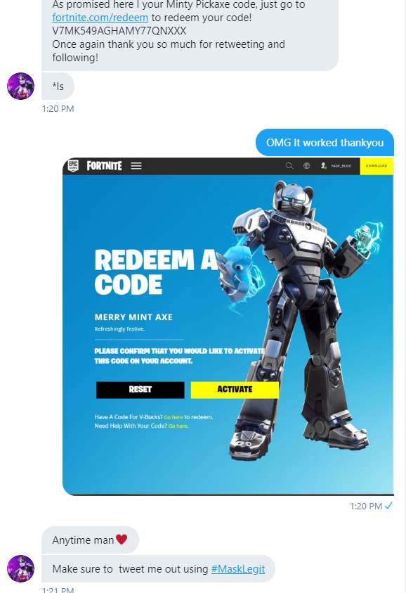 BluoTwitch's tweet photo. OMG guys my boy @Mask___tx just hooked me up with a minty code for retweeting and following. The code actually worked. Definitely check him out he does real giveaways!
#MaskLegit
#MintyPickaxe #Minty #FreeMinty #FortniteMinty #FreeMintyPickaxe https://t.co/MigqkQ6Iw8