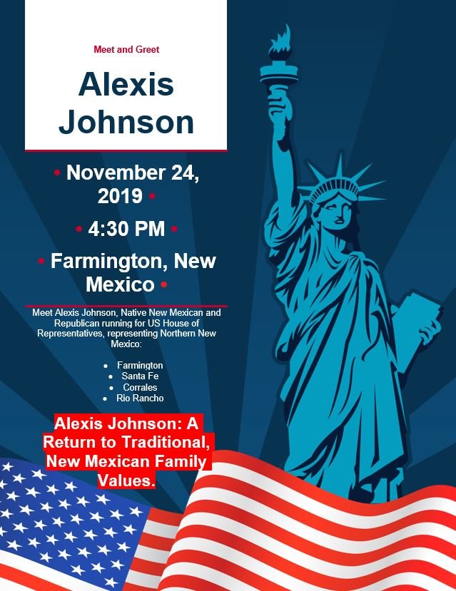 NMRepublicans's tweet photo. Meet & Greet with @AlexisJohnsonNM in Farmington, New Mexico on Sunday, November 24, 2019. "A Return to Traditional, New Mexican Family Values"
Help us spread the word!! #NMRepublicans #NMGOP @GOP #NMPol #NewMexico #NMBLUETORED
https://t.co/1JjCwCNmYH https://t.co/1dyhJkFXWe
