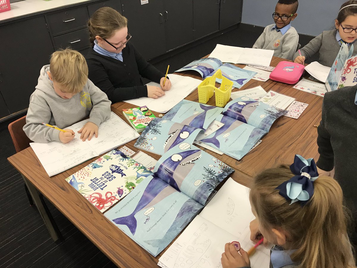OLRprimary's tweet image. P2a enjoyed reading one of their new book bag books ‘Steve The Terror of the Seas’. We then looked closely at the two main characters Steve and George and wrote a character description of them each during writing this morning! 🐟🐠 #writing #characterdescription