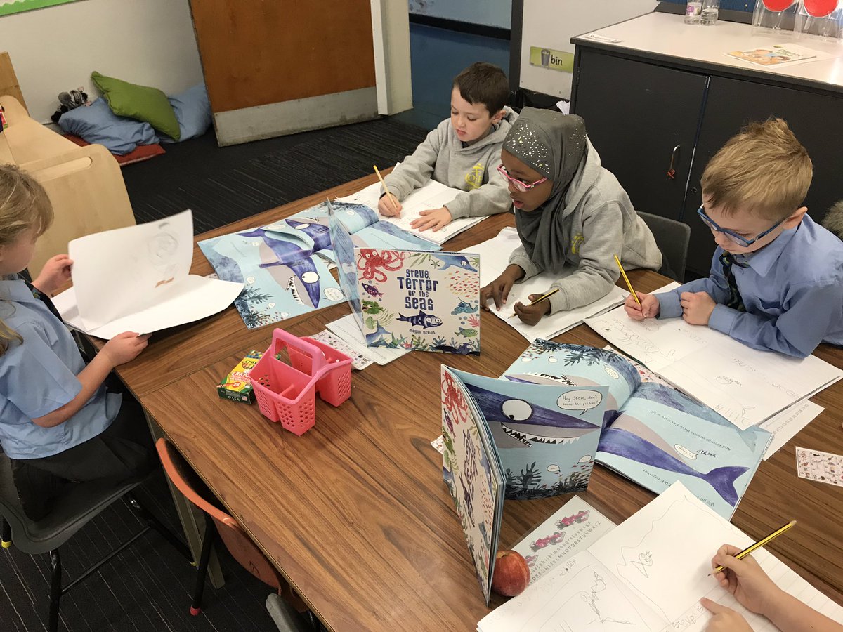 OLRprimary's tweet image. P2a enjoyed reading one of their new book bag books ‘Steve The Terror of the Seas’. We then looked closely at the two main characters Steve and George and wrote a character description of them each during writing this morning! 🐟🐠 #writing #characterdescription