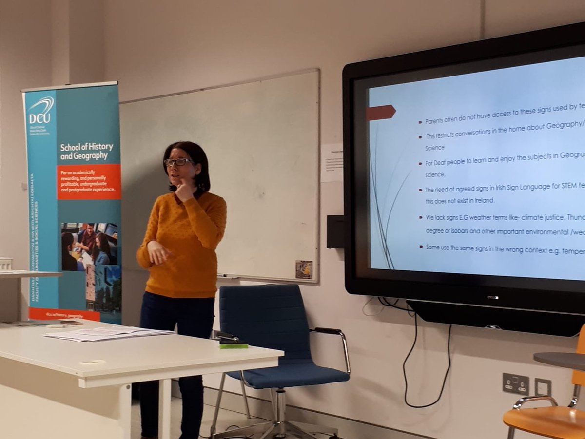 EmmaAWheatley's tweet photo. Understanding the challenges for students learning about #geography through Irish Sign Language and how a glossary of geography terminology is being created. I’ve just learnt that the sign for thunder and lightning is the same! #ISLSTEMGlossary #TopicalGeography #GEOWeek2019 https://t.co/8mmNJIgZeh