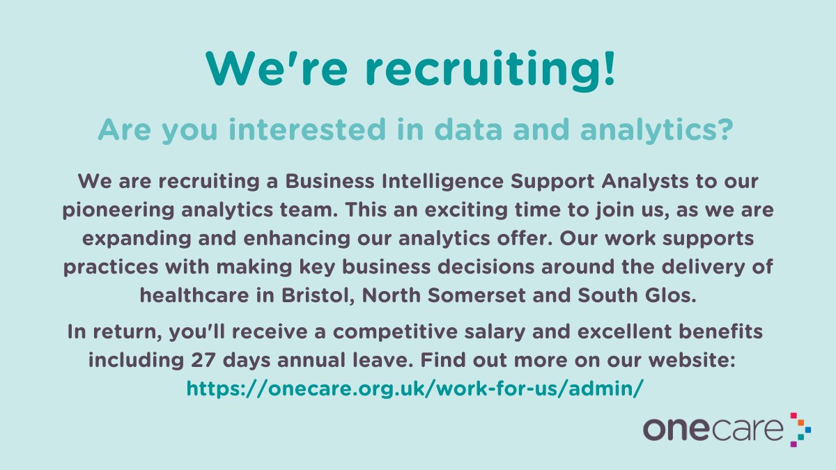 onecaretweets's tweet photo. We're recruiting!! Are you interested in #data and #analytics and are looking to join a forward-thinking and innovative digital team? 

https://t.co/aWFya8Z7wV https://t.co/DTBTHc2wUd