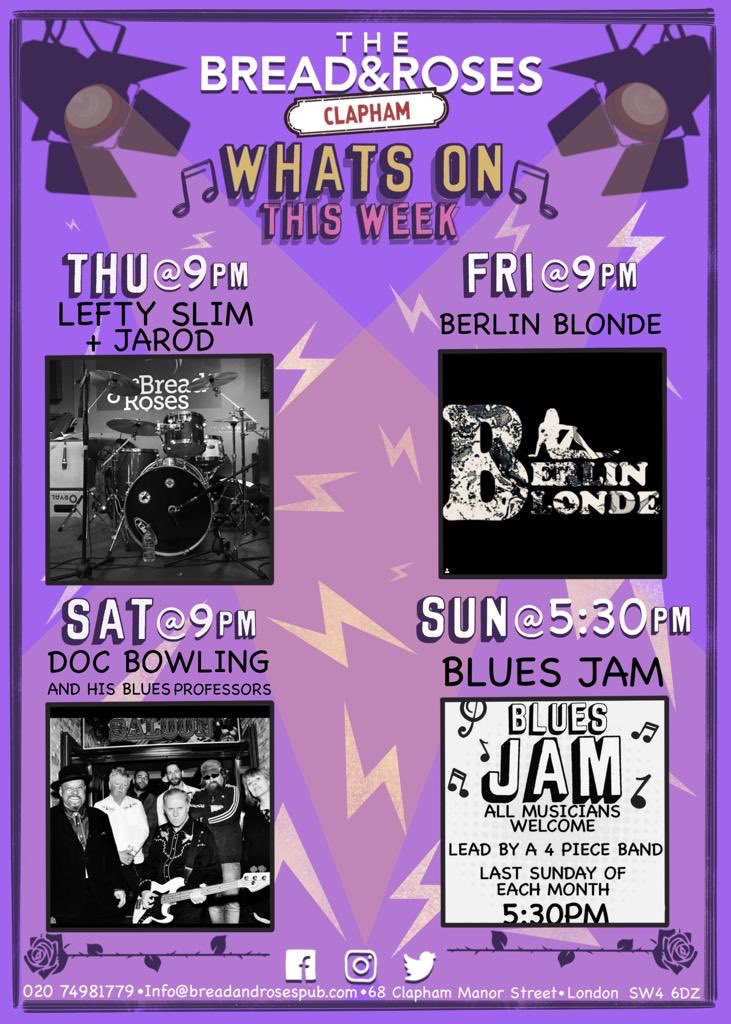 Strong line up of live music this weekend, kicking off tonight with ‘Lefty Slim’ &amp; ‘Jarod’ 8.45pm.       Friday night <a href="/BerlinBMusic/">Berlin Blonde</a> 9pm.        Sat night ‘Doc Bowling &amp; his Blues Professors’ 9pm                                Sunday’s monthly ‘Blues Jam’ 5.30 #livemusic