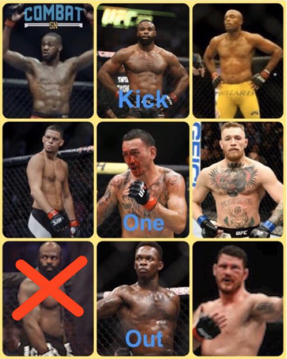 combat_sn's tweet image. 🚨🚨🚨🎮 Elimination game 🎮 🚨🚨🚨

🥊KICK ONE OUT🥊

Round 1: Kimbo Slice OUT❗️

Who are you eliminating next? 

Next round in 48 hours #mma #ufc #silva #jonnybones #mcgregor #holloway #woodley #diaz #natediaz #bisping #adesanya