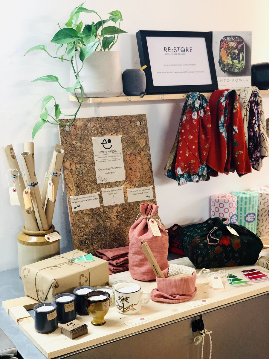 Our #zerowaste Christmas gifting table is now open at Re:Store <a href="/HackneyDStudios/">HackneyDownsStudios</a> ! You can pick up natural candles (+ come back for a refill), reusable wraps, mini gift sacks, repurposed tags &amp; twine #reuse #upcycle #restore #Hackney
