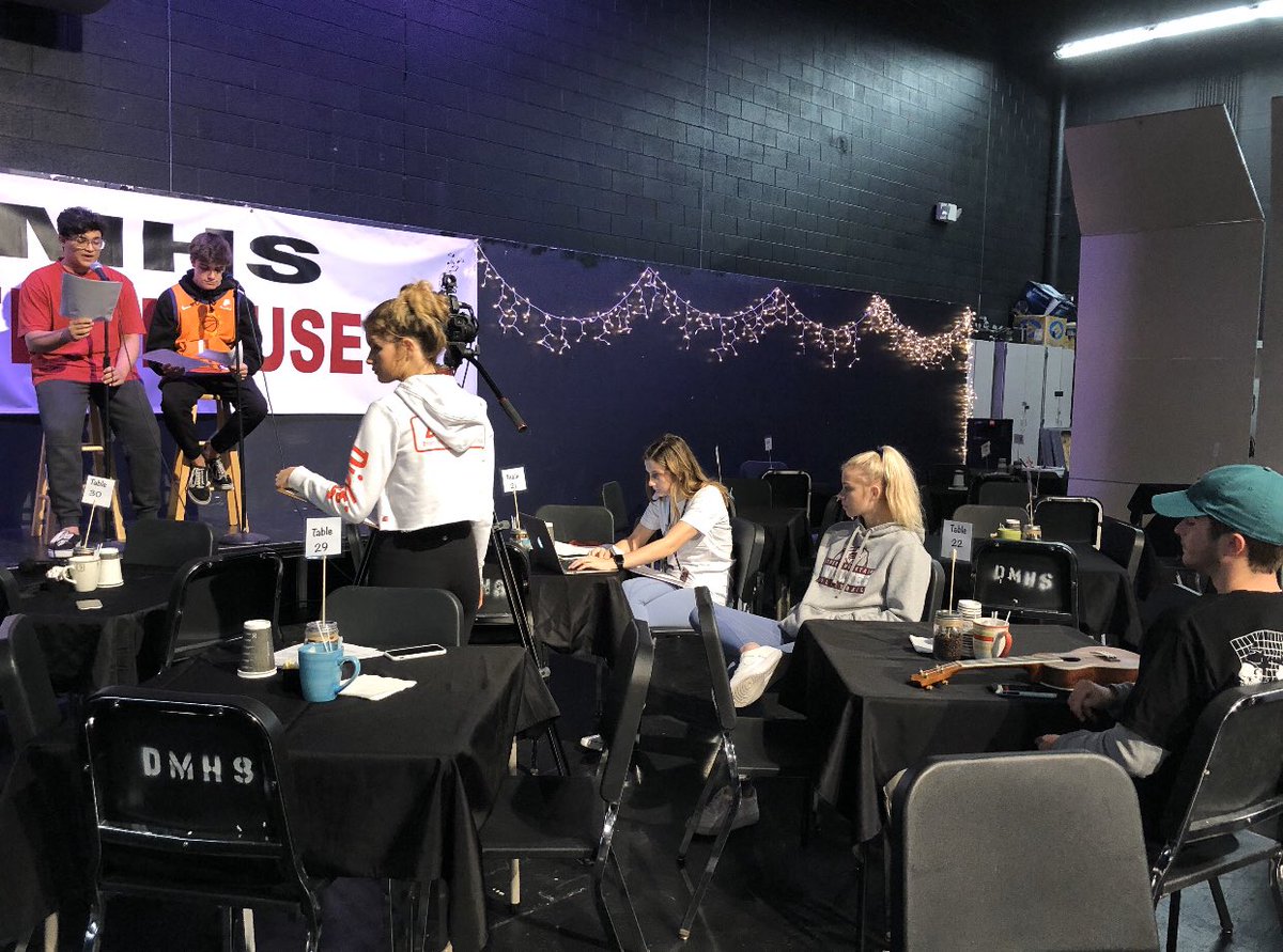 DMHSTV's tweet image. Behind the scenes of the on set show! Come to Coffee House tonight and tomorrow at 7!! $10 with an activity card and $15 without!! Includes cake and coffee!!