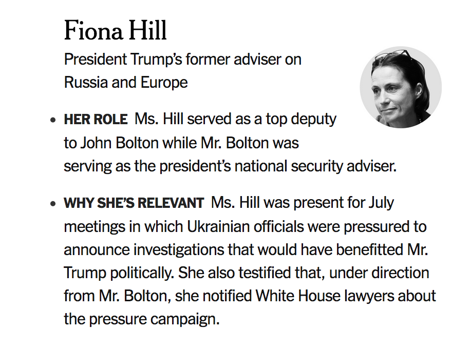nytimes's tweet photo. Here's why Fiona Hill is relevant to the impeachment inquiry https://t.co/oC6VyVdteL https://t.co/2jq0ftAZHz