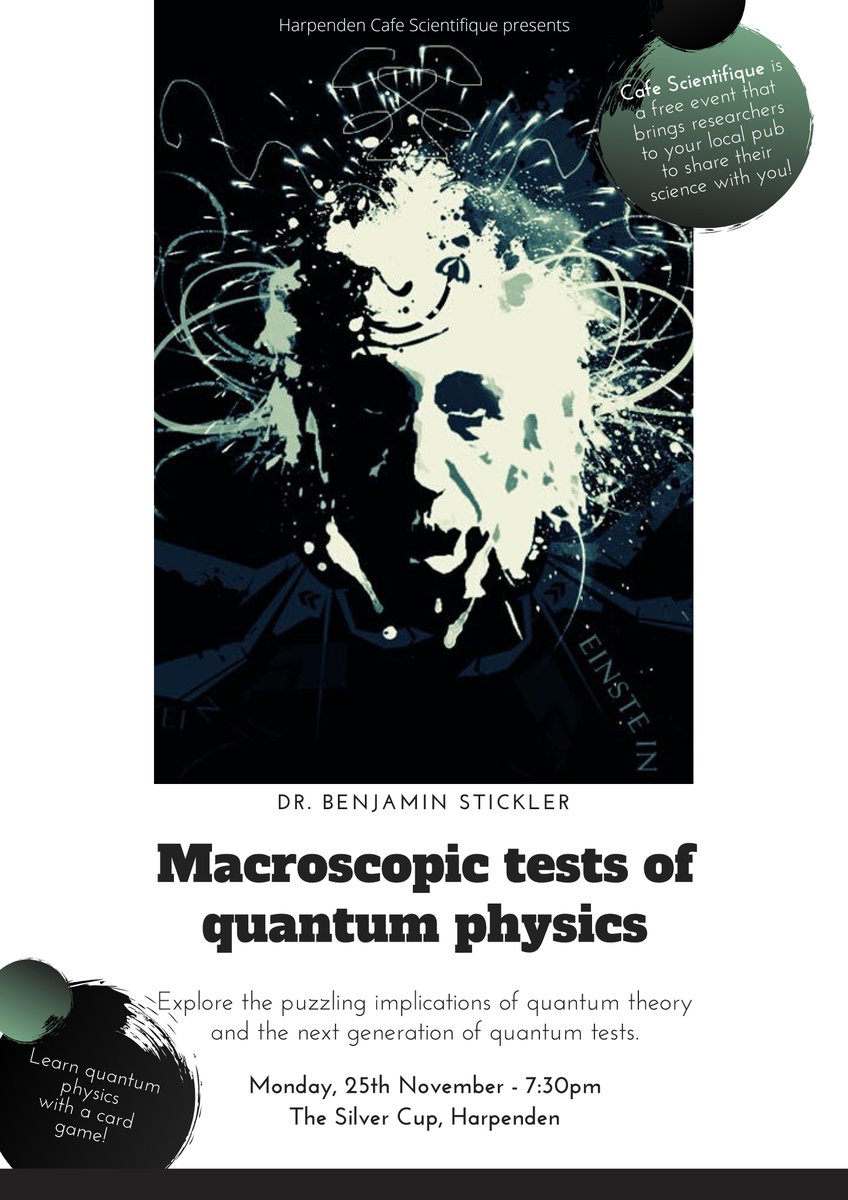 CSHarpenden's tweet image. This month Cafe Scientifique will be held on TUESDAY 26th from 7:30pm @TheSilverCup. Two quantum physicists from @imperialcollege will be explaining how quantum affects the macro world... with the help of a card game!