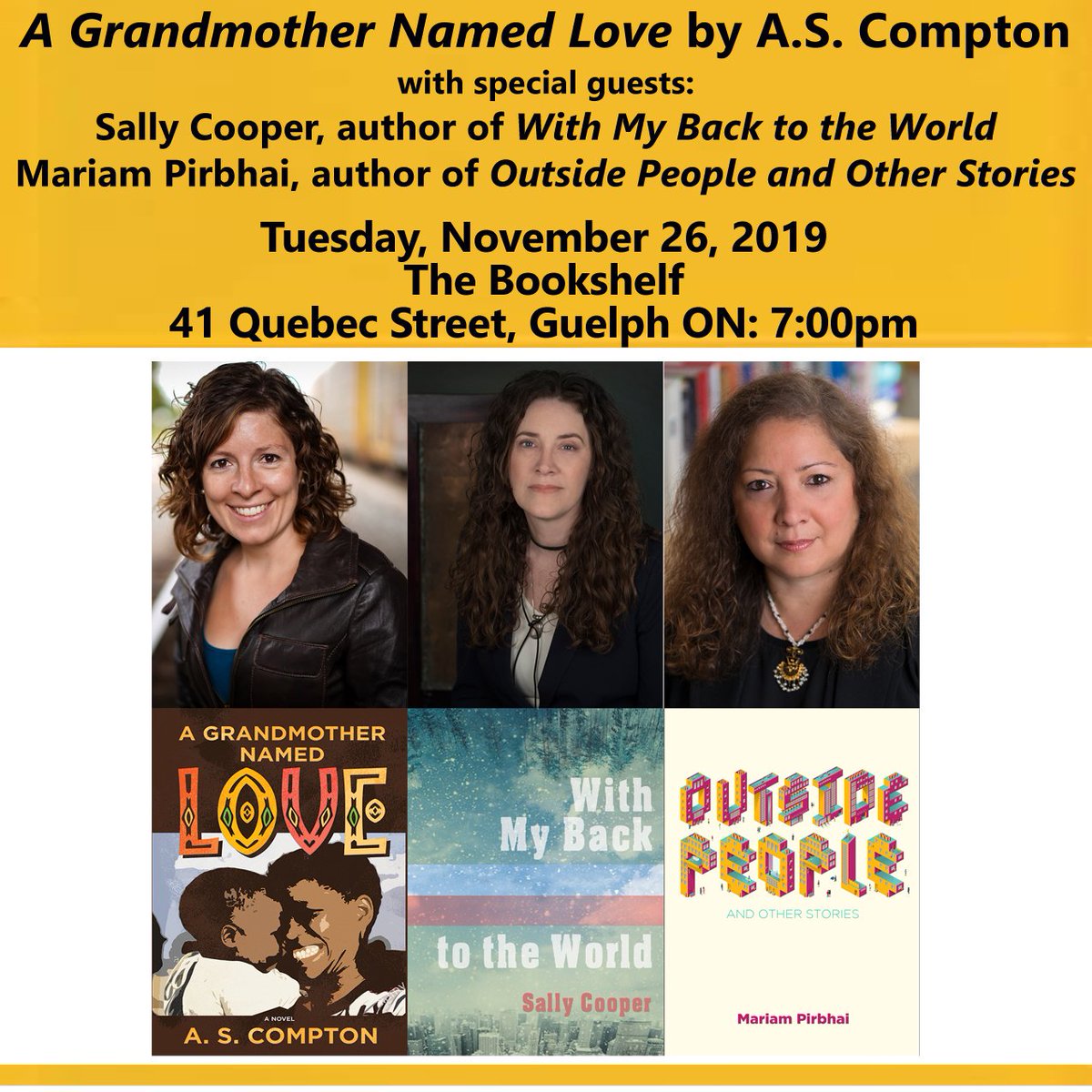 Book Launch & Reading!

Tuesday, Nov 26th 7pm @wolsakandwynn @InannaPub 
Everyone welcome, free admission

#AGrandmotherNamedLove #WithMyBackToTheWorld #OutsidePeopleAndOtherStories 

#downtownGuelph