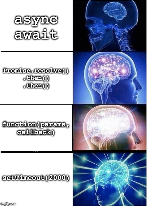 The "Galaxy Brain" meme, captioned: "async/await"; "Promise.resolve().then().then()"; "function(params, callback)"; "setTimeout(2000)"