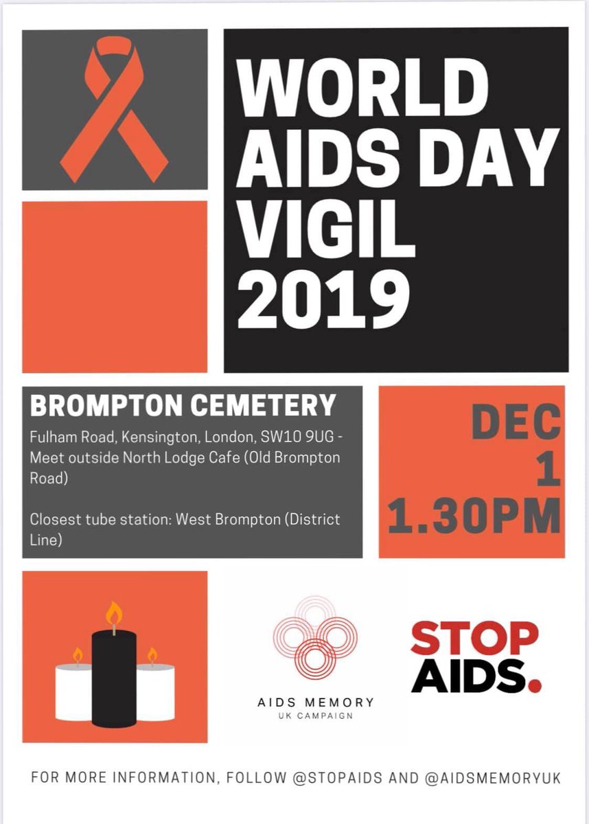Join <a href="/AIDSMemoryUK/">AIDS Memory UK</a> &amp; <a href="/STOPAIDS/">STOPAIDS</a> at the #LondonAIDSVigil to remember the past, to reflect on the present and to look to the future <a href="/theroyalparks/">The Royal Parks</a> #BromptonCemetery on #WorldAIDSDay2019 with songs, music and poetry. Special guest @mzzkimberley. Theme: Stigma, Community &amp; Self-esteem