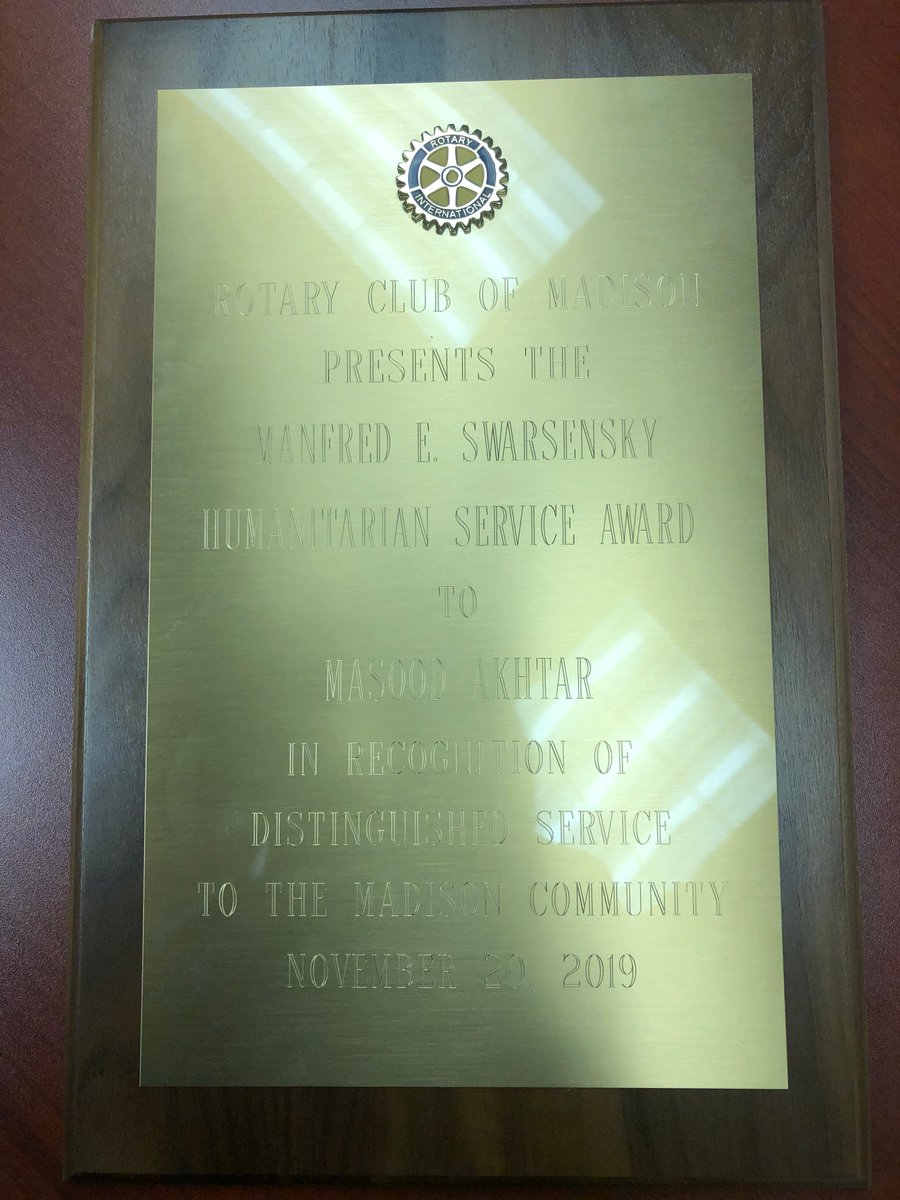 Yesterday Masood Akhtar received the Manfred E. Swarsensky Humanitarian Service Award from the Rotary Club of Madison. Rotarian who nominated him said "It is difficult to believe that you are not talking to Rabbi Swarsensky himself when you meet Masood Akhtar."