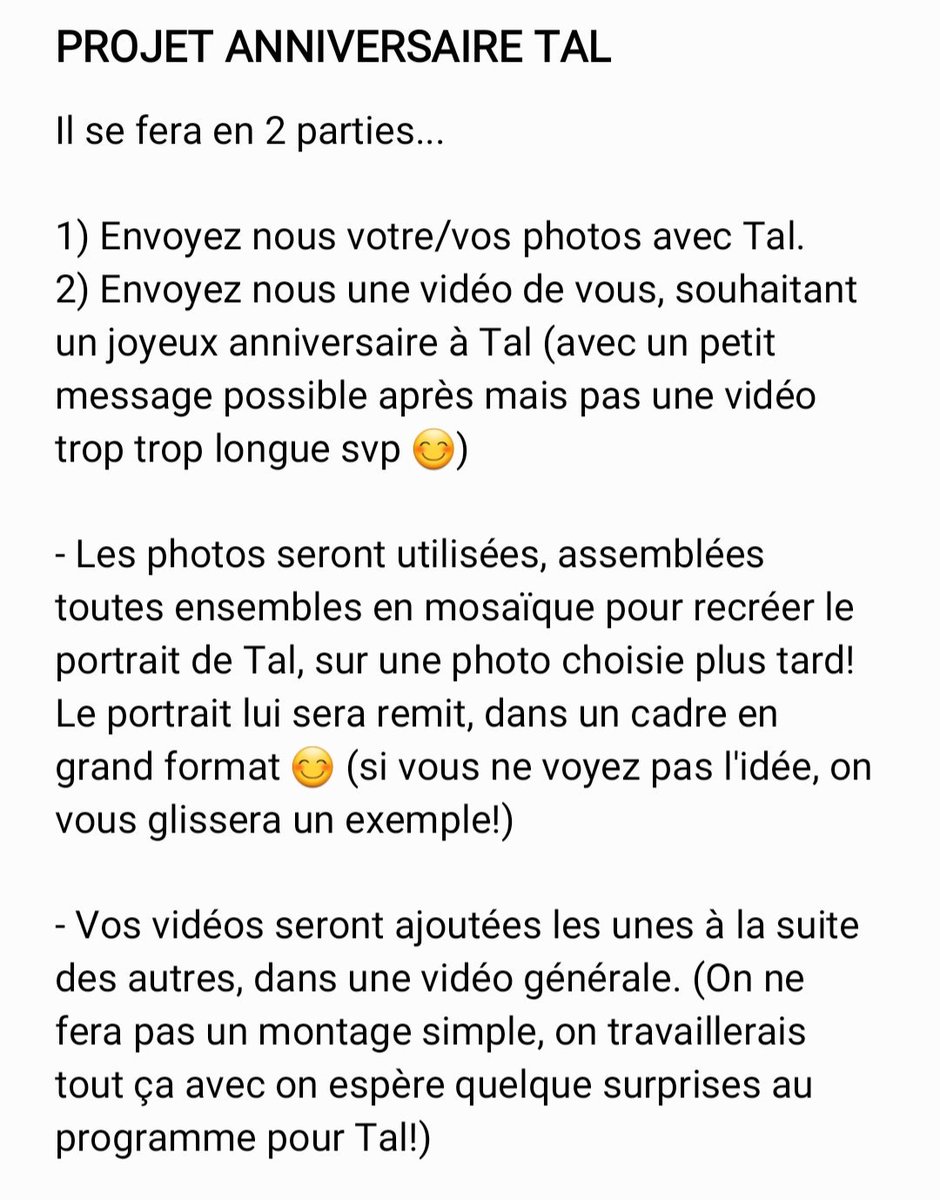 TalBelgique_Off's tweet photo. EXPLICATION PROJET ANNIVERSAIRE!
(Via photo ci-joint)

(- Vos photos doivent être de bonne qualité attention ! 

- Vos vidéos filmées horizontalement !)

À envoyer à: talbelgiqueofficiel@gmail.com avant le DIMANCHE 8 DECEMBRE, 10H ! https://t.co/GIoCK1WEaW