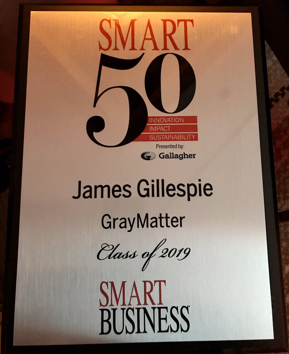 GrayMatter CEO James Gillespie accepted GrayMatter’s 2019 Pittsburgh Smart 50 Award last night <a href="/FairmontPGH/">Fairmont Pittsburgh</a>. Thanks <a href="/Smart_Business/">Smart Business</a> for honoring us among Pittsburgh’s fastest-growing and innovative companies. #Smart50