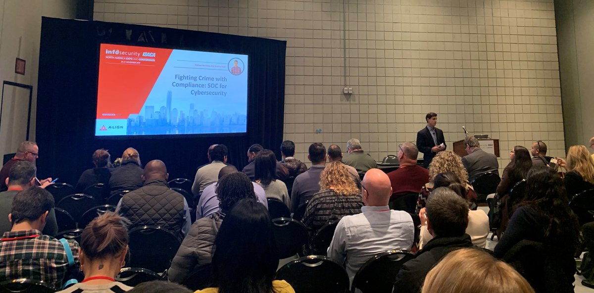 aligncompliance's tweet photo. Today Andrew Houshian, SOC Practice Lead at A-LIGN, shared the importance of implementing and adapting a cybersecurity risk management program and the benefits of SOC for cybersecurity with attendees at @Infosecurity North America by @ISACANews. #ISACA #InfoSec19 https://t.co/RC0QyK1oiN