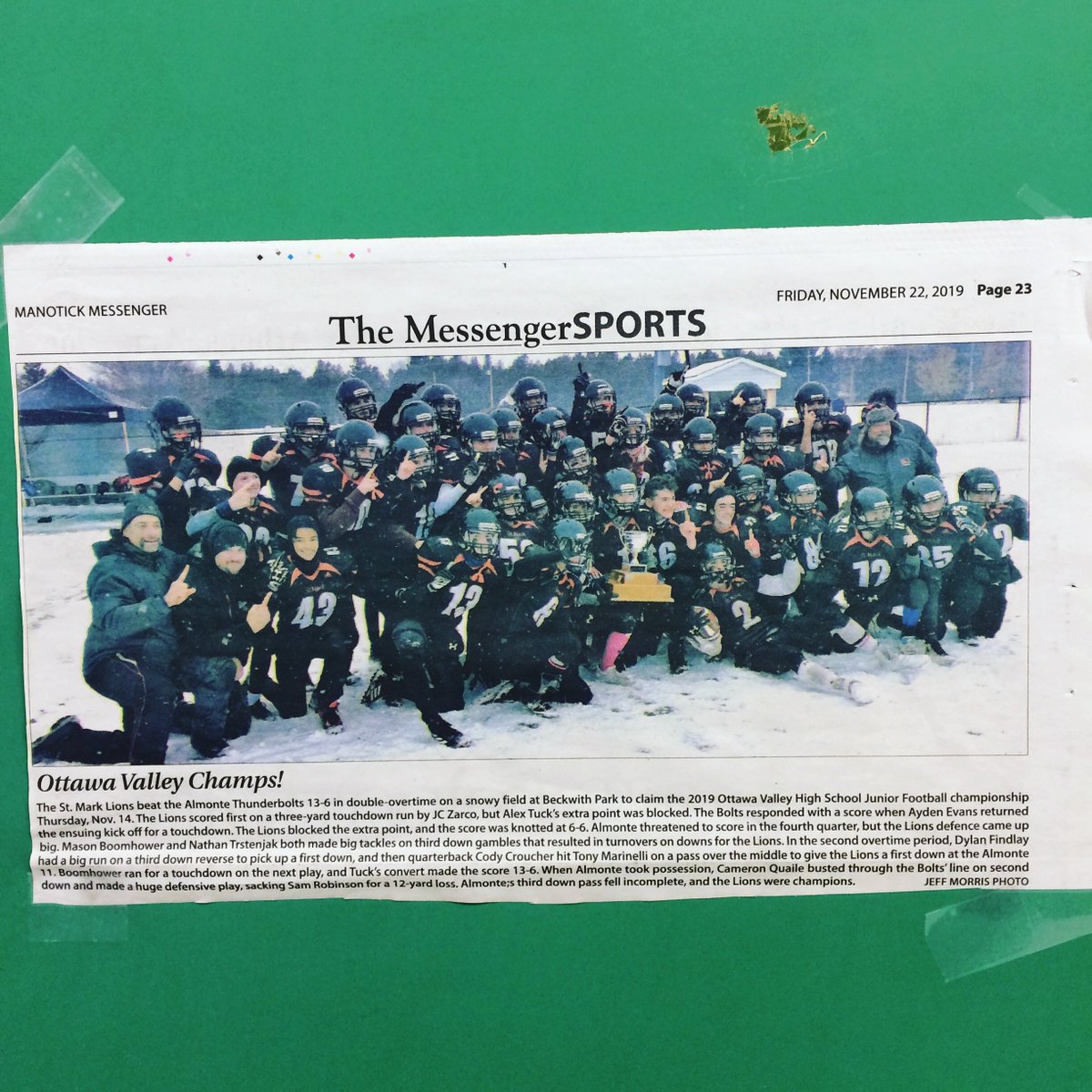 The <a href="/StMarkOCSB/">St. Mark High School</a> Jr 🦁made the Nov 22 edition of the Manotick Messenger (page 23). Thanks to Jeff Morris <a href="/RideauOsgoode/">Manotick Messenger</a> for the great picture and write-up! #mystmark #man1fb2 #CommunityOCSB