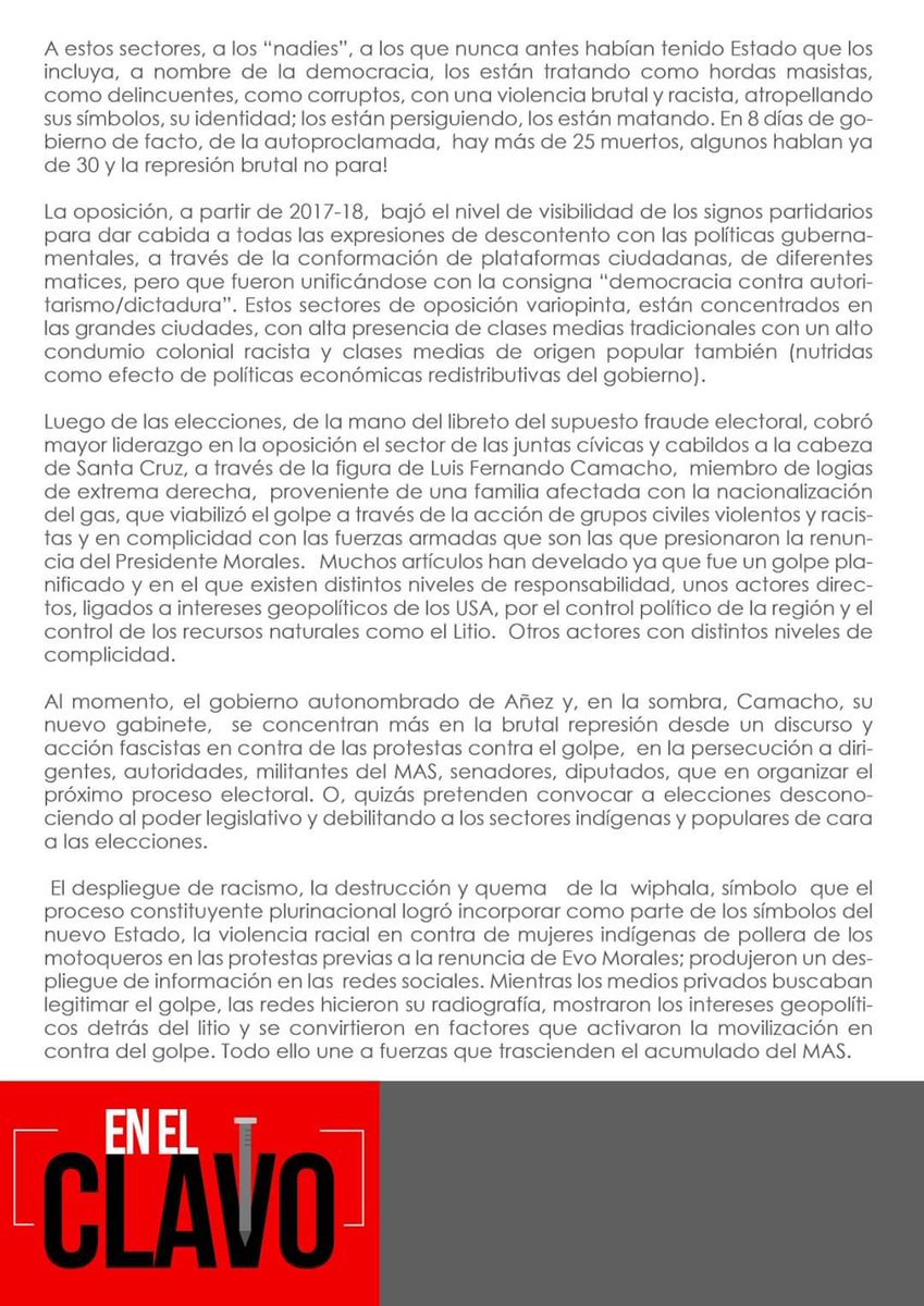 ClavoEc's tweet photo. ARTÍCULO #EnElClavo:
"EL GOLPE DE ESTADO EN NOMBRE DE LA DEMOCRACIA EN BOLIVIA"
por @NataliaWray

"Al momento, el gobierno autonombrado de Añez y, en la sombra, Camacho, su nuevo gabinete,  se concentran más en la brutal represión" 

#Opinión  #Izquierdas #Coyuntura #Política https://t.co/ujukmZCNRX