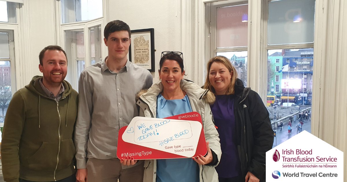 We would like to say a massive well done to our volunteers Mark Murphy, Liam Hayes, Yolande Fitzpatrick and Ciara O'Connell from our Dublin office who all donated blood today at the Irish Blood Transfusion Service 💉 @GiveBlood_ie <a href="/worldtraveldub/">World Travel Centre</a> #GiveBlood_ie
