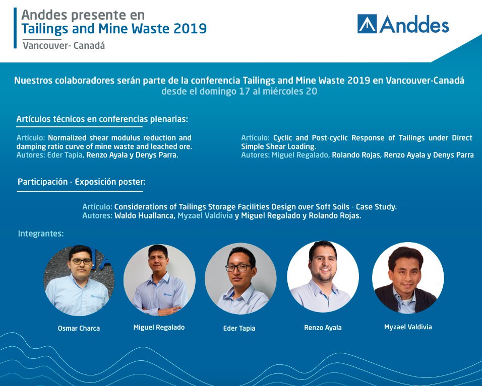 _anddes's tweet photo. ¡Anddes presente en el Tailing and Mine Waste 2019!

Nuestra delegación del área de Geotecnia estuvo presente en el importante evento llevado a cabo en Canadá, donde se expusieron dos artículos técnicos y una exposición de poster. 

#Anddes #Tailings #Geotecnia https://t.co/x5eaP4IEnn