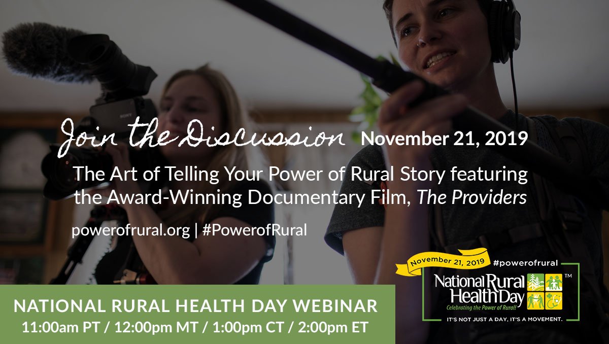 Happy National Rural Health Day! We are proud to have told stories of the #PowerofRural through <a href="/TheProvidersDoc/">The Providers documentary</a> and will be partnering with <a href="/NOSORH/">Natl Organization of State Offices of Rural Health</a> for a webinar today at 2pm ET on The Art of Telling Your Power of Rural Story. Visit powerofrural.org to learn more!