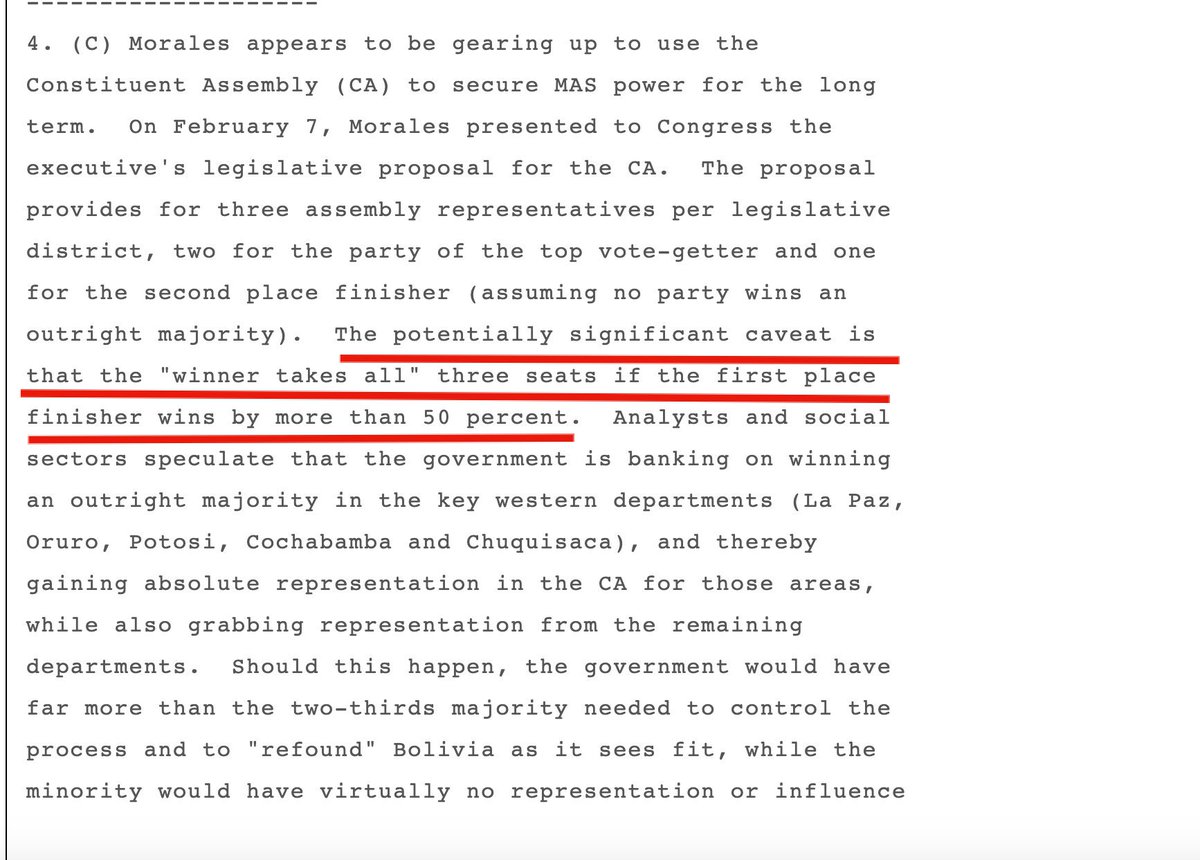 US Ambassador accuses Morales of rigging the constituency assembly by....... winning very handily in a fair, Democratic election!  https://wikileaks.com/plusd/cables/06LAPAZ336_a.html