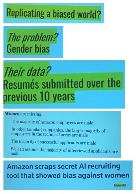 Dr. Burkell talked about an algorithm used in hiring. Despite recognizing the issues and lots of $, Amazon concluded it was an intractable problem &amp; abandoned it. JB gave guidance on patterns, alternative criteria, using algorithms to surface our biases, &amp; accountability. Useful!