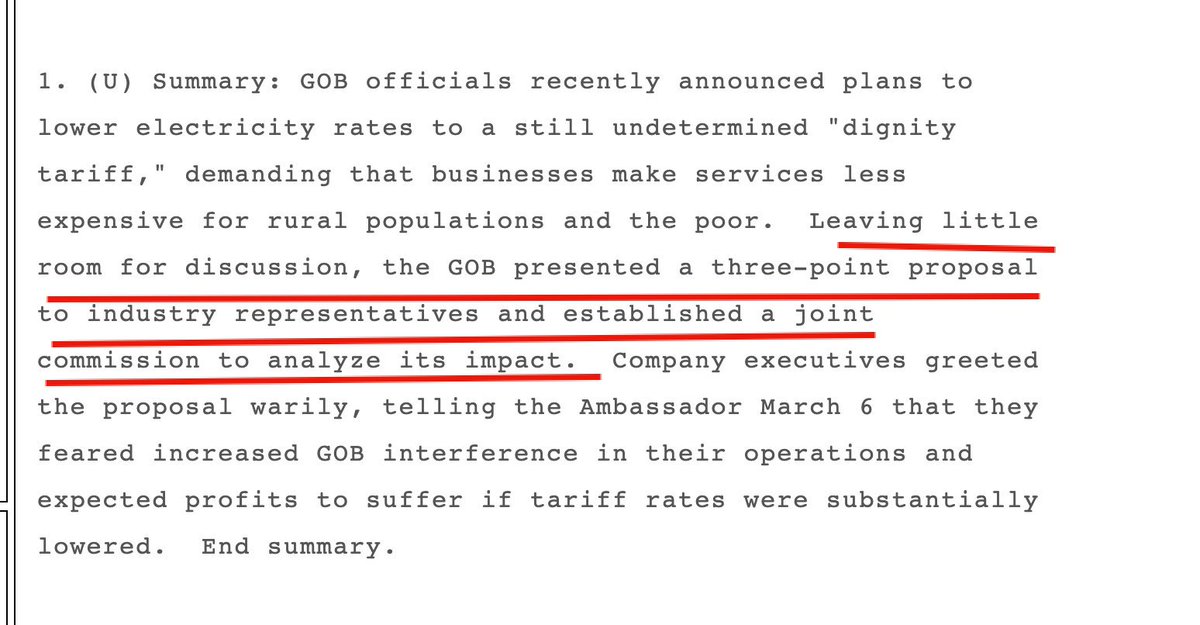 A government's job isn't to discuss with businesses. It's to regulate them! Here is a government properly doing its job!Why is the ambassador speaking to randos behind Morales back? https://wikileaks.com/plusd/cables/06LAPAZ600_a.html