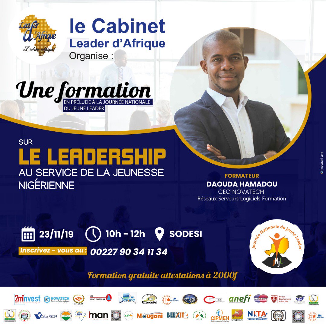 Hippolytetweets's tweet photo. AEEN INFO: Phase 2 JNJL , Formation sur le Leadership ,RDV de 10h00 à 12h00 le 23/11 /2019 à SODESI. #JNJL4DEV #SODESI4DEV #LEADER_D_AFRIQUE4DEV #Osons_Entreprendre_Pour_Un_Niger_Emergen #AEEN4DEV https://t.co/pRXoaG601l