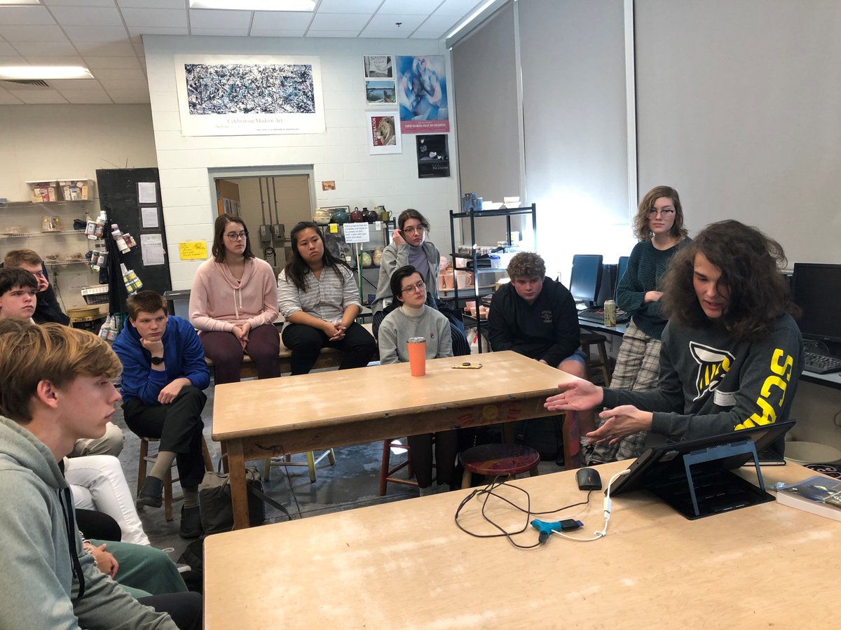 alumni_cghsnc's tweet photo. #GibbonsWelcomeHome Roman Karoly '19 @TheRansch on campus today to speak with art students about his animation studies @SCADdotedu. Thank you @visart_cghsnc for inviting alumni to share their experience with current students. #FaithServiceLeadership https://t.co/SJ2B3WgNSH