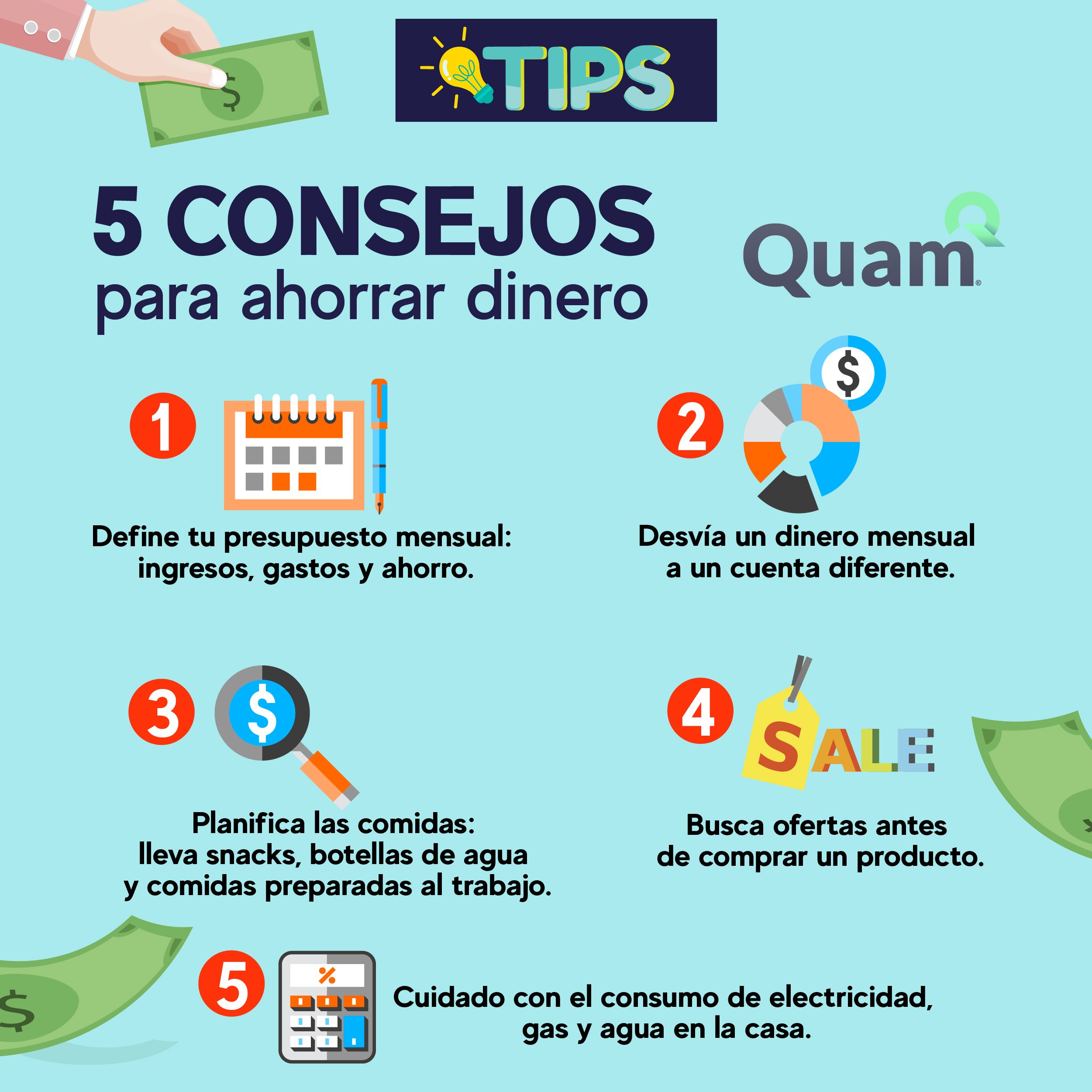 Quam on X: #TipsQuam Te compartimos 5 consejos para ahorrar dinero, que  sin duda te ayudarán a conseguir un ahorro fijo y útil. 🤑🤑   / X