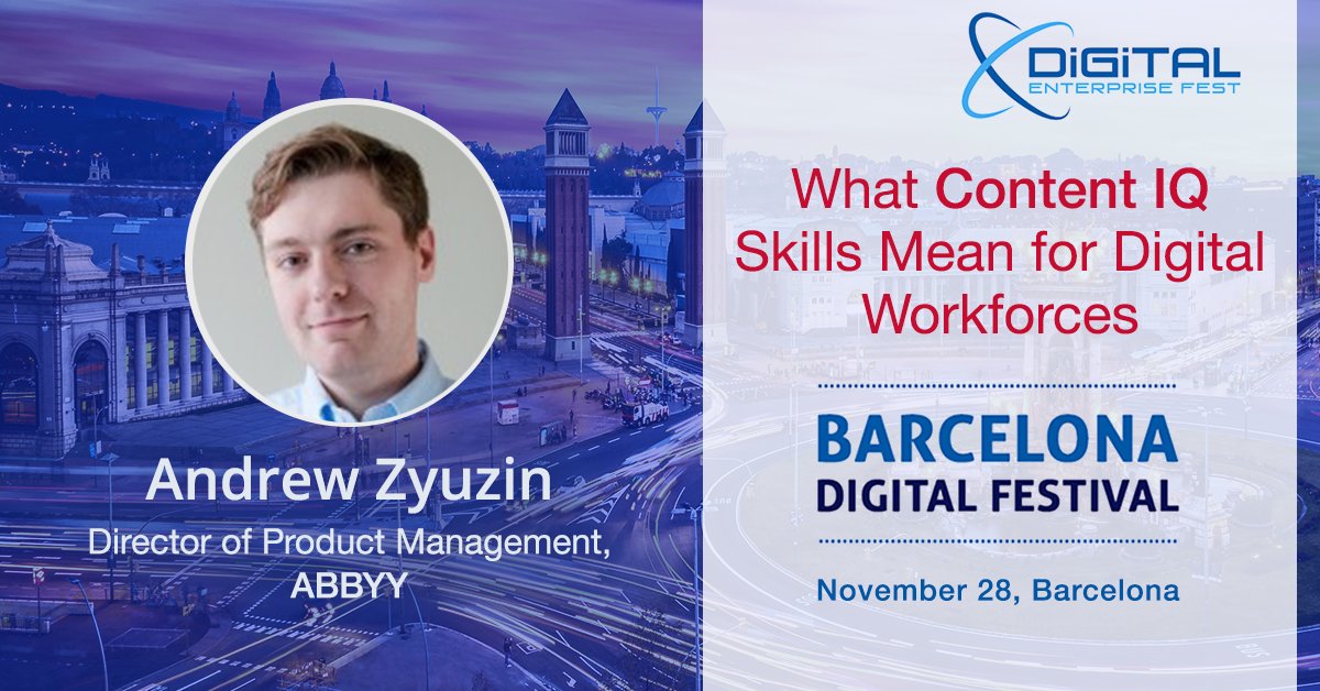 ABBYY_Software's tweet photo. How skilled is your #digitalworkforce in understanding and processing the content that fuels your business processes? Join Andrew Zyuzin's talk in Barcelona: https://t.co/aAU3VJd7BK. Discover how you can optimize transactions and business decisions with #AI. #ContentIQ #DigitalIQ https://t.co/crevJhn11N