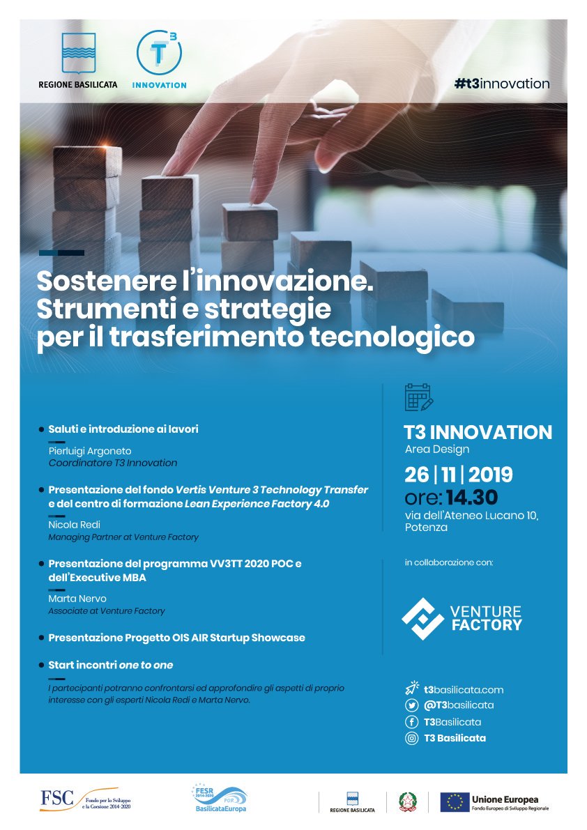 Martedì 26 novembre si terrà l’evento “Sostenere l'innovazione. Strumenti e strategie per il trasferimento tecnologico”.
Compila il form per ricevere una consulenza one to one dagli esperti di Venture Factory.

Iscriviti ora: forms.gle/PEZxX6y9p7g3q5…