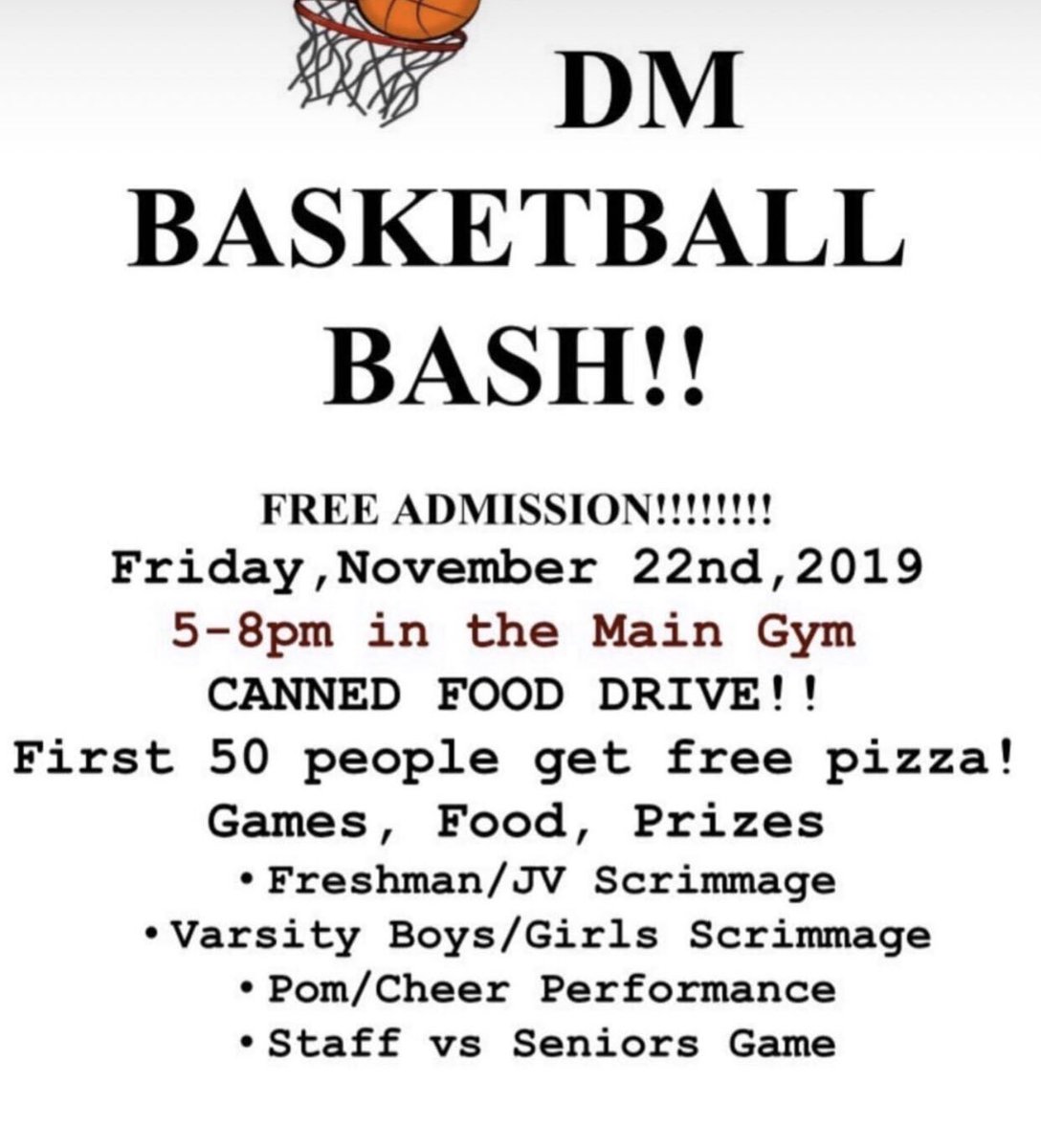 DMHSTV's tweet image. COME SUPPORT OUR DM BASKETBALL PLAYERS!!! ITS FREE!!!!!!!!! BRING YOUR FRIENDS AND SOME CANNED FOOD AND HAVE SOME FUN!!! BE THERE OR BE SQUARE!!◾️