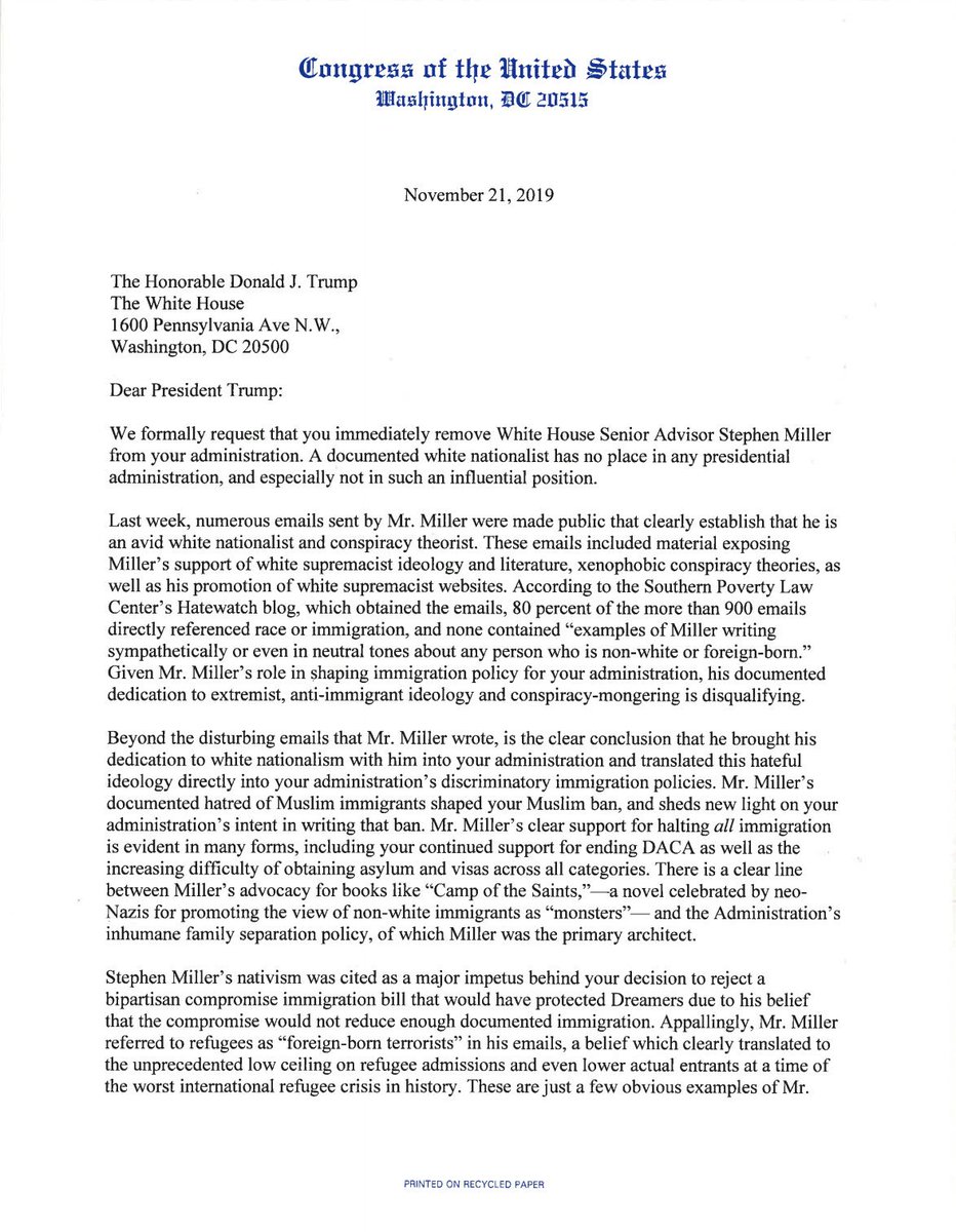 Screenshot of page 1 of the letter from 100+ lawmakers calling on Trump to immediately remove Stephen Miller from his administration.