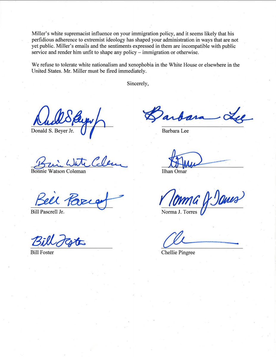 Screenshot of page 2 of the letter from 100+ lawmakers calling on Trump to immediately remove Stephen Miller from his administration.
