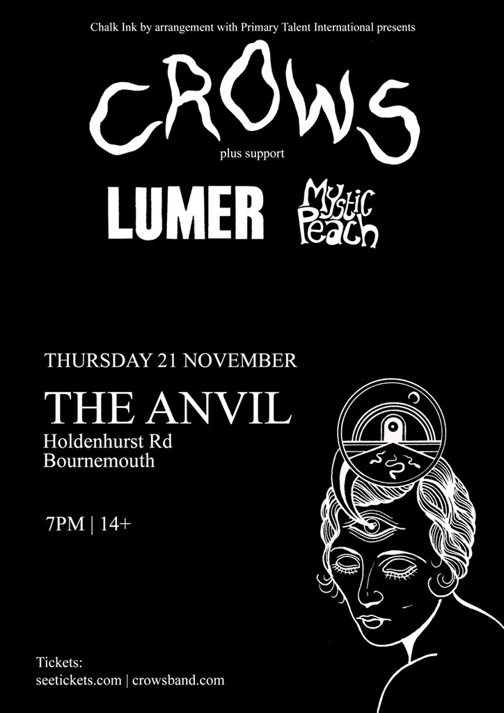 Tonight.
<a href="/__CROWS/">CROWS</a> hit <a href="/TheAnvilRockBar/">The Anvil</a> !
Support from <a href="/LUMERband/">LUMER</a> and <a href="/mysticpeachh/">MYSTIC PEACH 👁</a>

Last minute advance tickets available until 6pm
🎟 bit.ly/CrowsTheAnvil