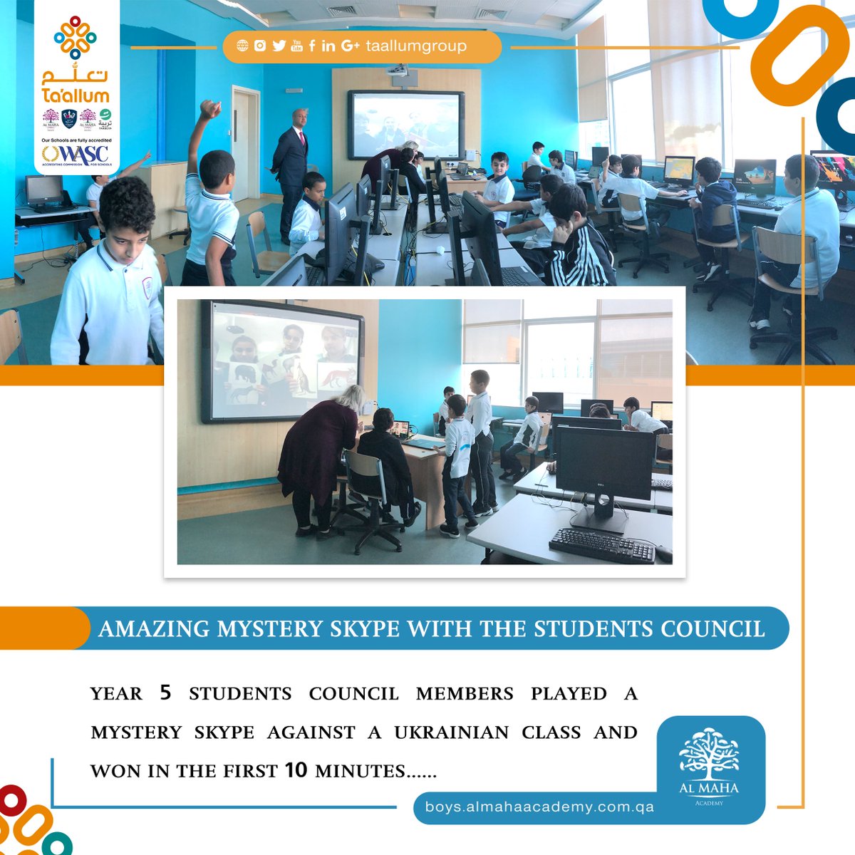 TaallumGroup's tweet photo. #AMAB_taallum : Amazing Mystery Skype with the Students Council Year 5 Students Council members played a Mystery Skype against a Ukrainian class and won in the first 10 minutes. #taallumgroup https://t.co/Iqv0yf1rxs