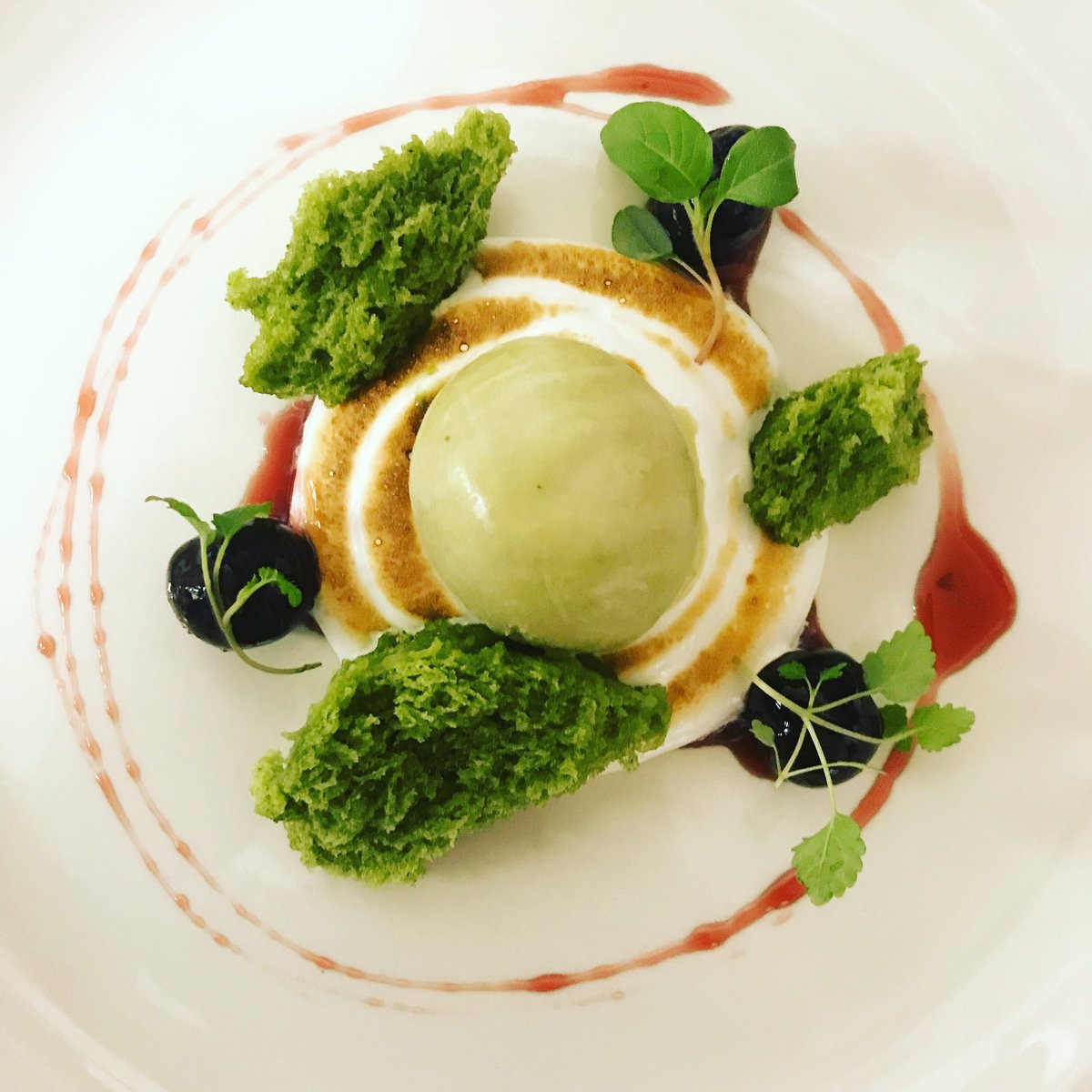Pistachio-confit cherry-toasted meringue #food #pistacchio #cherry #Yorkshire #yorkshirefood #yorkshirefoodie #foodoftwitter #foodporn #feedyoureyes #yesmichelin #michelinguide #teesidefood #teesidefoodie #chefsofteeside