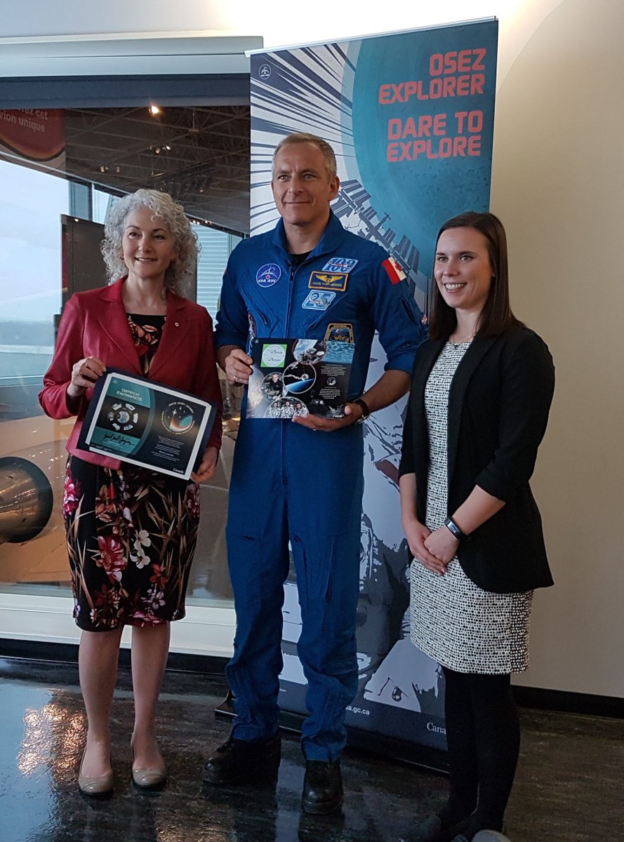 BMSchmidt's tweet image. What an honour to hear @Astro_DavidS speak @avspacemuseum. He returned @LetsTalkScience sticker that he took on mission. So proud to work with him &amp;amp; the entire @csa_asc team! Note the certificate of authenticity - guess he REALLY did make it to the ISS! #LTSLivingSpace #lovemyjob