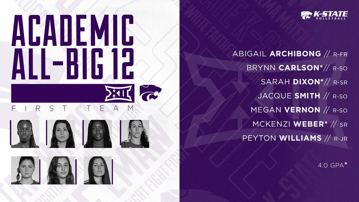 Count 'em SEVEN Cats named Academic All-<a href="/Big12Conference/">Big 12 Conference</a> First Team!

Brynn, Sarah and Mckenzi all with 4.0 GPAs for #KStateVB

📝 k-st.at/2pFNT27