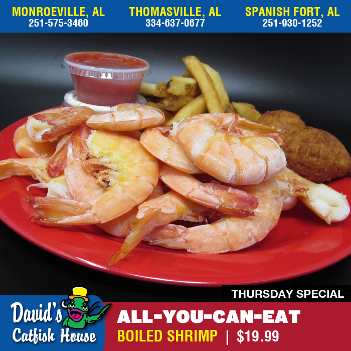 DavidsCatfishAL's tweet photo. ALL DAY THURSDAY SPECIAL!!! All-You-Can-Eat BOILED SHRIMP, with (2) sides and hushpuppies for $19.99 #DavidsCatfishHouse #Catfish #Shrimp #Seafood #Instafood https://t.co/6RSL073OPg
