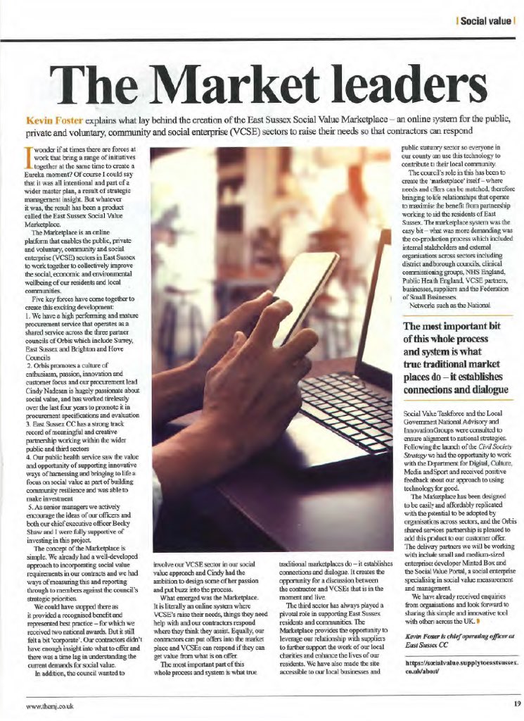 East Sussex County Council launched it’s #SocialValueMarketplace today. Check out the article in The MJ today to read more about how this marketplace will help enable suppliers, providers and the community maximise the benefits of social value @escceconomy <a href="/EastSussexCC/">East Sussex County Council</a>