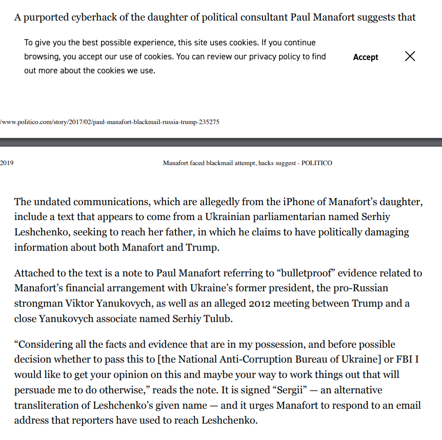 Politico, Feb. 23, 2017: "Manafort faced blackmail attempt, hacks suggest”