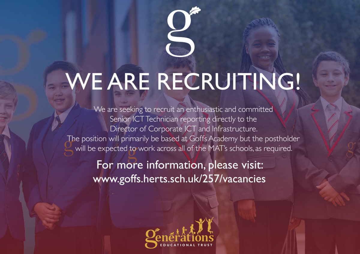 We are seeking to recruit an enthusiastic and committed 
Senior ICT Technician.

For more information, please visit: 
goffs.herts.sch.uk/257/vacancies

#IT #itsupport #ittechnician #Hertfordshire #Cheshunt #vacancy #vacancies #Job #fulltime #ITjobs #nowhiring #education #EducationJobs