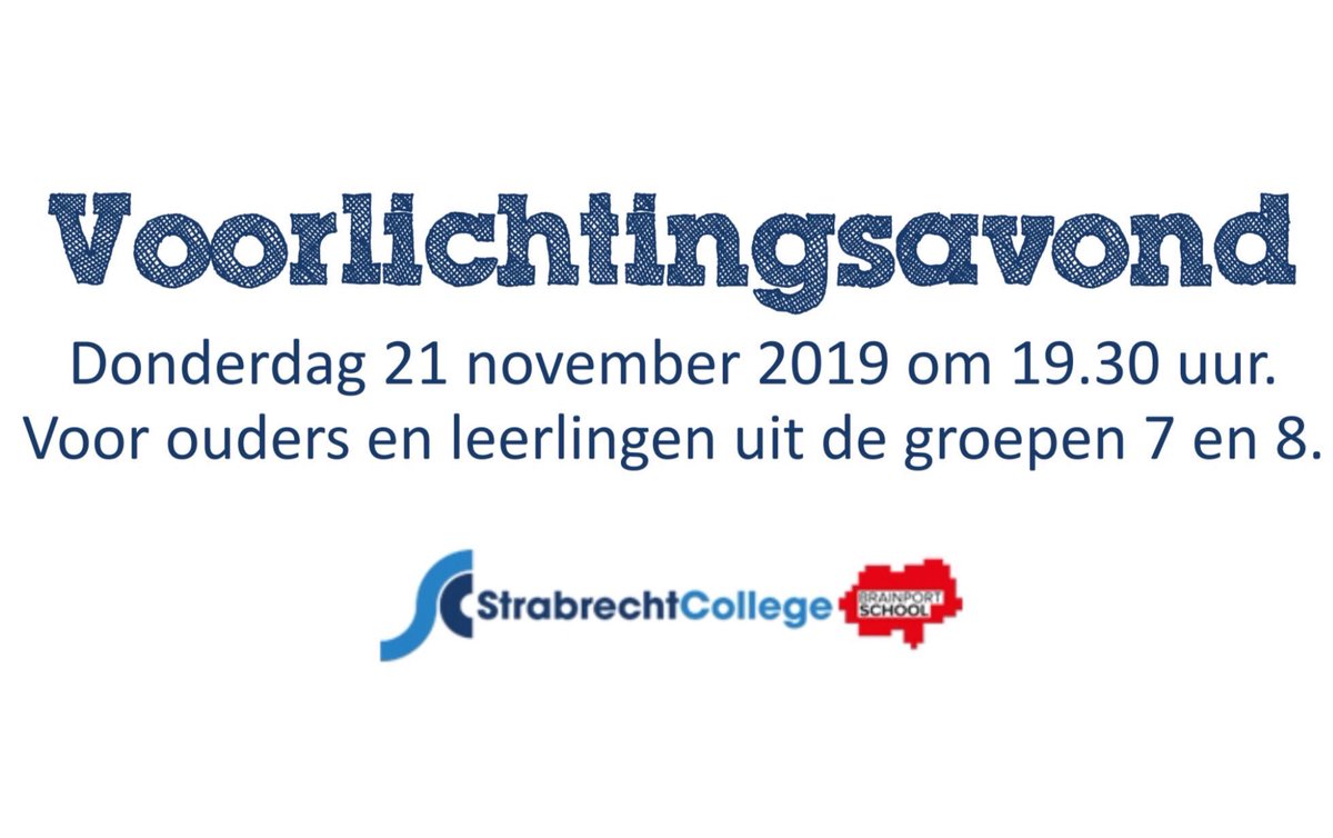 Welkom allemaal op het Strabrecht College!
Vanavond voorlichtingsavond! Ouders volgen de voorlichtingsavond, terwijl de kinderen les krijgen van vakdocenten van het Strabrecht College.
