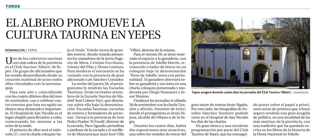 ddominguin's tweet photo. En @tribunadetoledo pudimos leer el anuncio de las jornadas del Club Taurino "Albero" de Yepes
@Eugeniodemora @Alvaro_LorGut @CEscribano_info @GomezdelPilar @aadolfomartin @diegohumanes @josueveragua @villajuanjo2000 https://t.co/rR56DCU7wZ