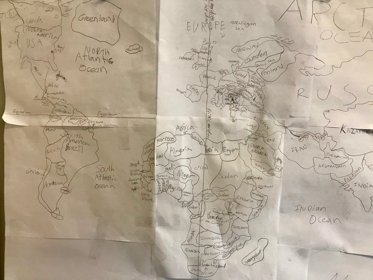 Janmouzon's tweet photo. When you've obsessed with geography you may draw map of the world by hand. Inspired fourth-grader.@carolinaday #inspiredbytheworld #cdslearns https://t.co/zgSwwAS4im