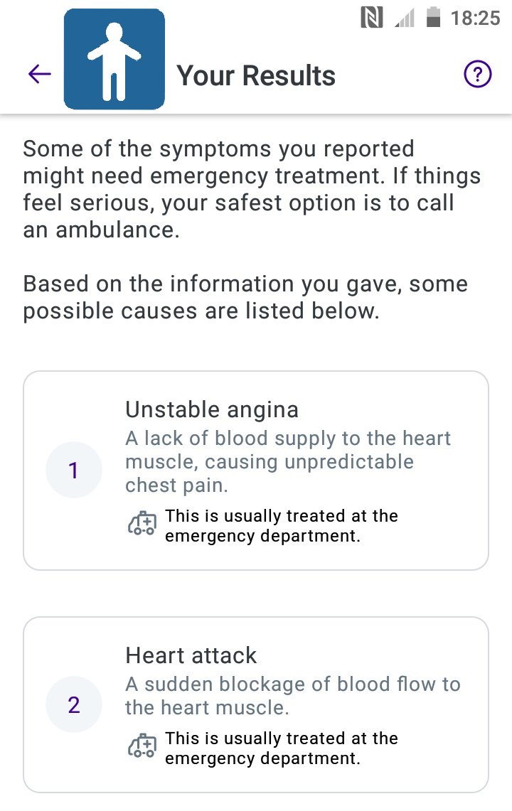 This is utterly absurd! The dangerously flawed unvalidated  @babylonhealth Chatbot, continues to put WOMEN at risk of  #DeathByChatbot  #GenderBias. A 60yr old 20/day Smoker with Sudden Onset Central Chest Pain & Nausea...FEMALE =  #PanicAttack. MALE =  #HeartAttack.