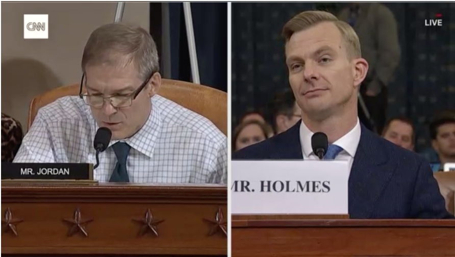 waitmanb's tweet image. Holmes is all of us right now.

Why are you yelling, Jordan?

#ImpeachmentHearing